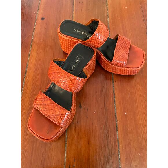 Via Spiga Made in Italy Orange Snakeskin Platform Wedge Sandals Size 8M Y2K - Picture 5 of 7